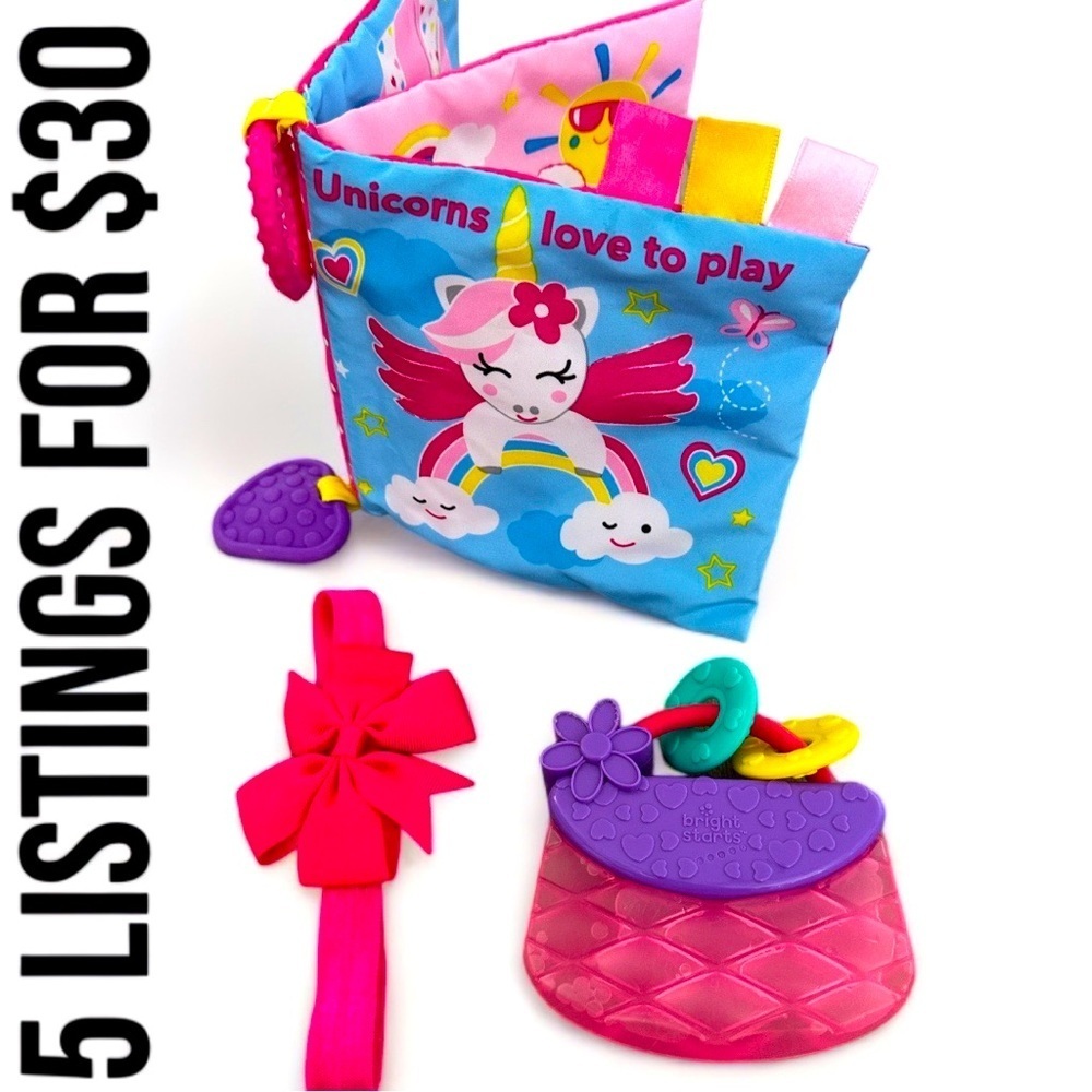 Baby girl teething toy, soft book and hairband bow